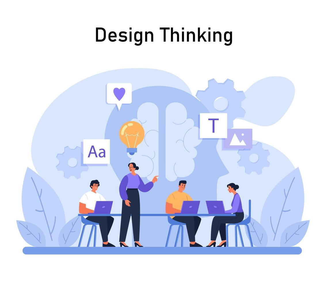 Design Thinking process illustration. Team collaborates on creative solutions, surrounded by symbols of innovation, communication, and design elements vector