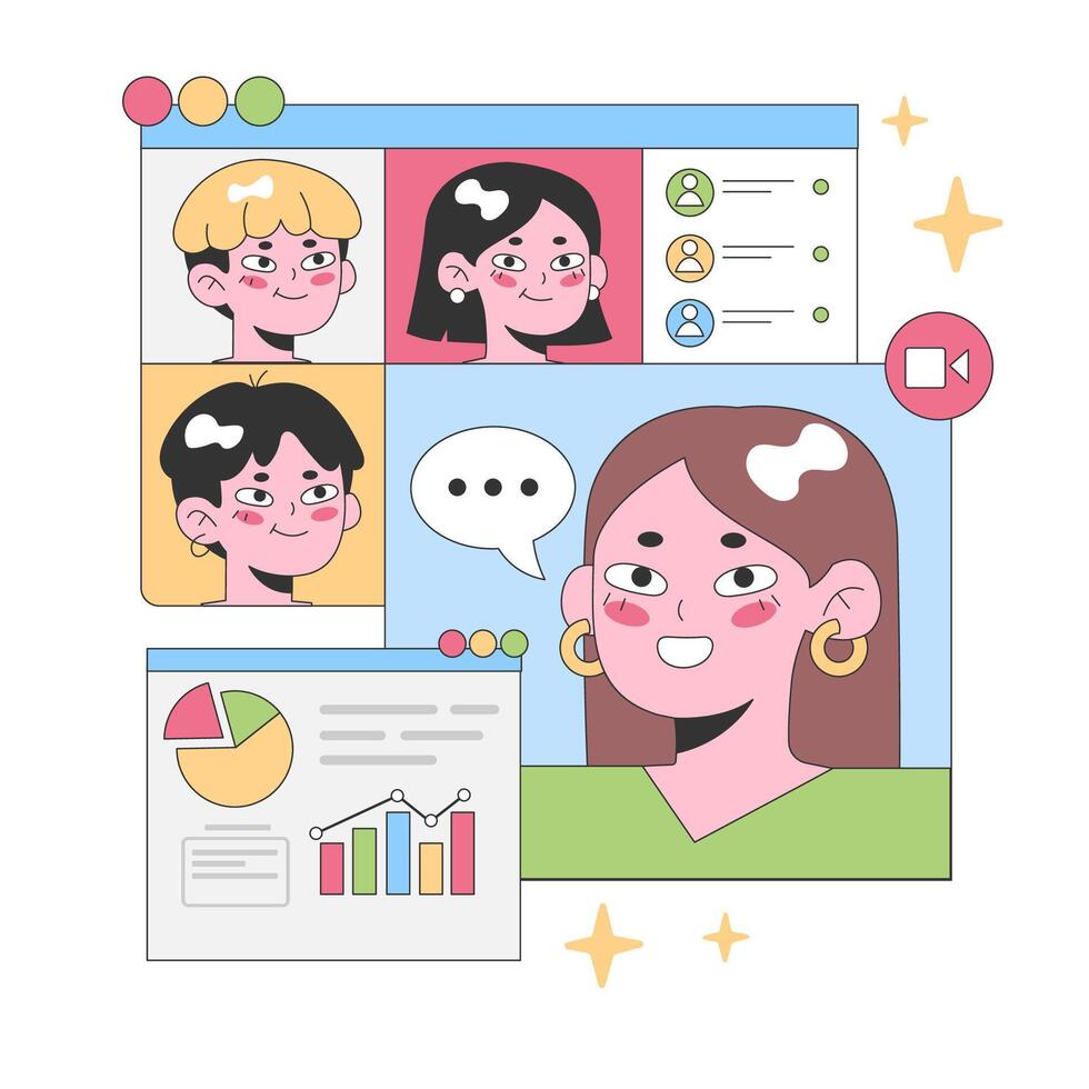 Virtual meeting interface. Flat vector illustration