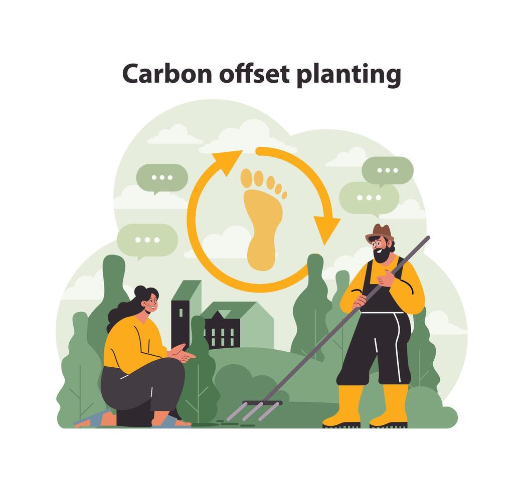 Two individuals promote carbon offset planting. Flat vector illustration
