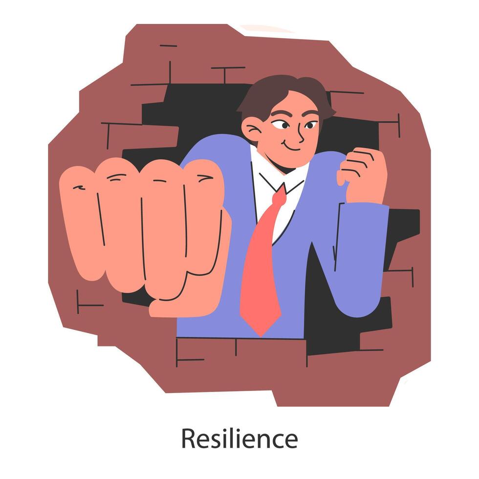 Stress resilience. Determined male employee breaking through challenges vector