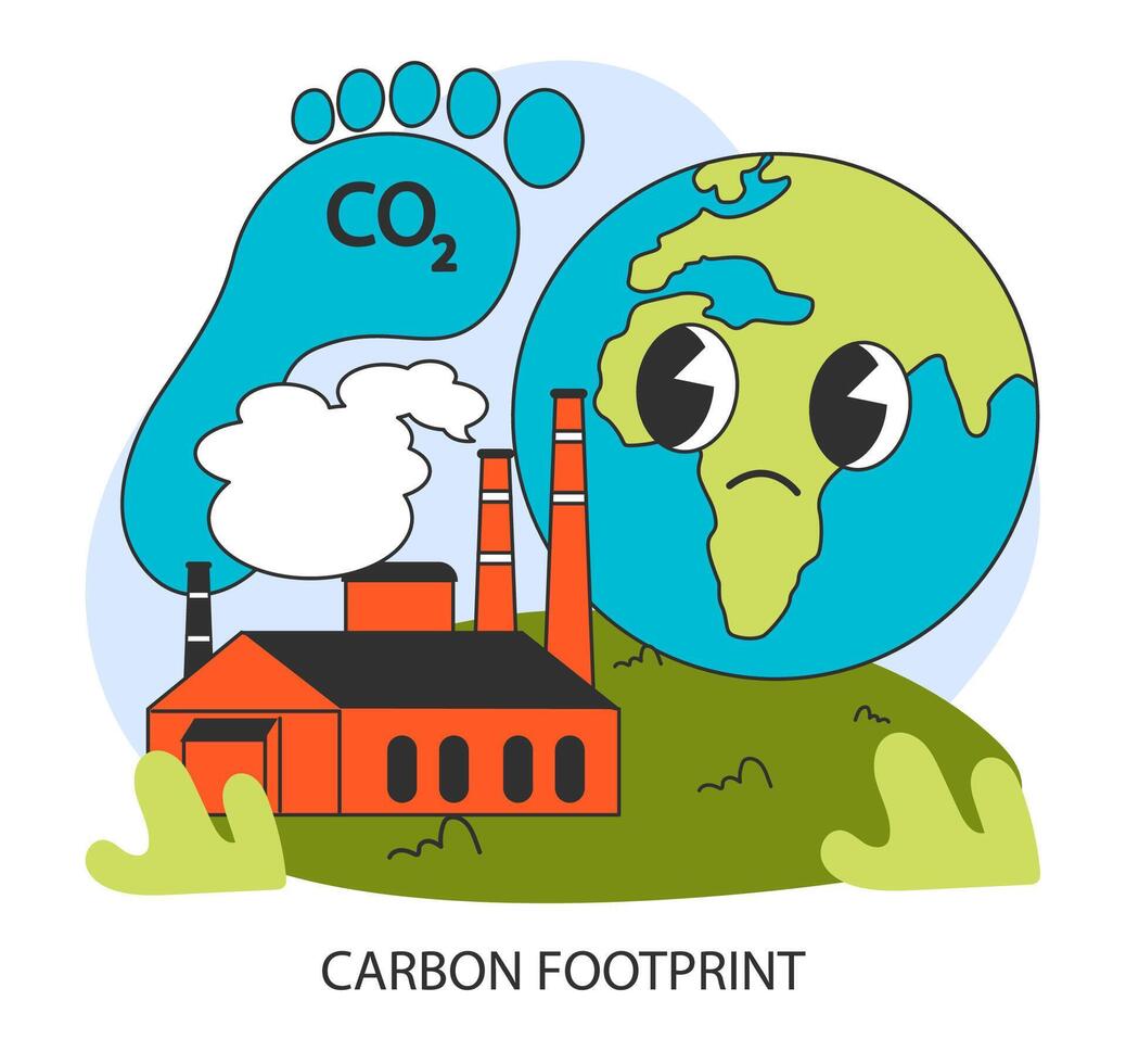 Carbon footprint. Sad Earth beside a footprint marked with CO2. Factory vector