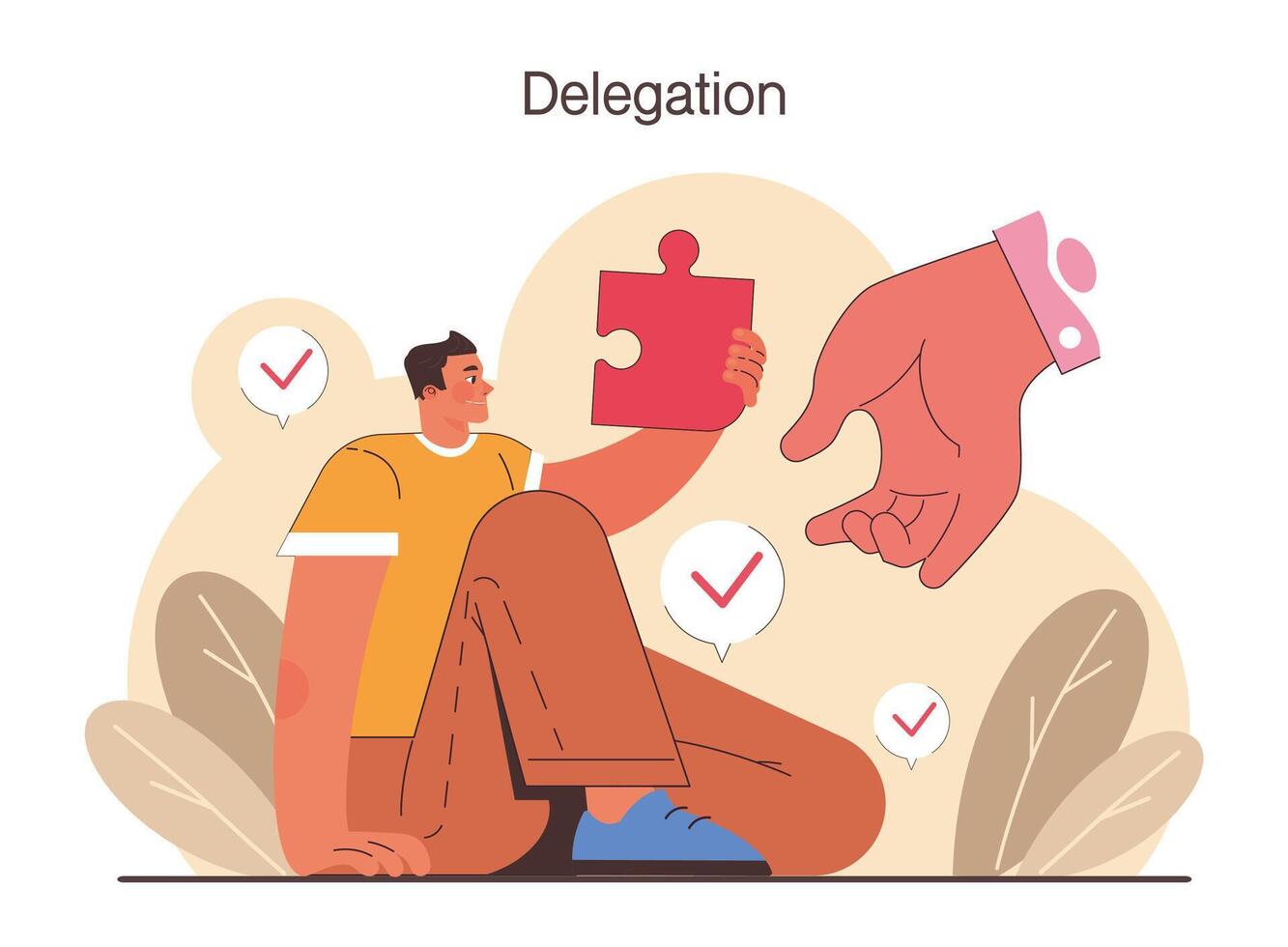 Delegation. Task assignment and control. Leader or manager transferring vector