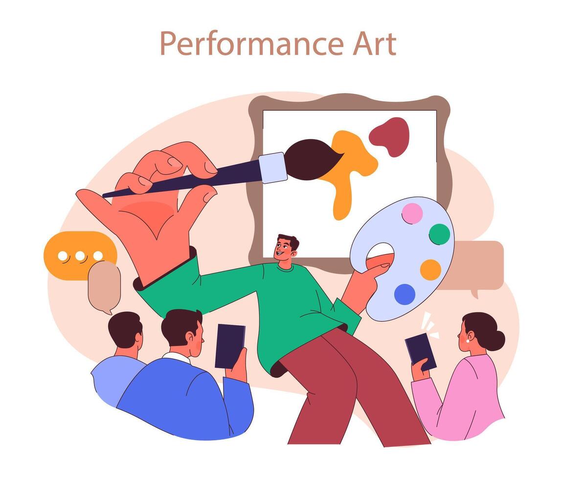 Museum or art gallery. Dynamic performance art with an expressive artist vector