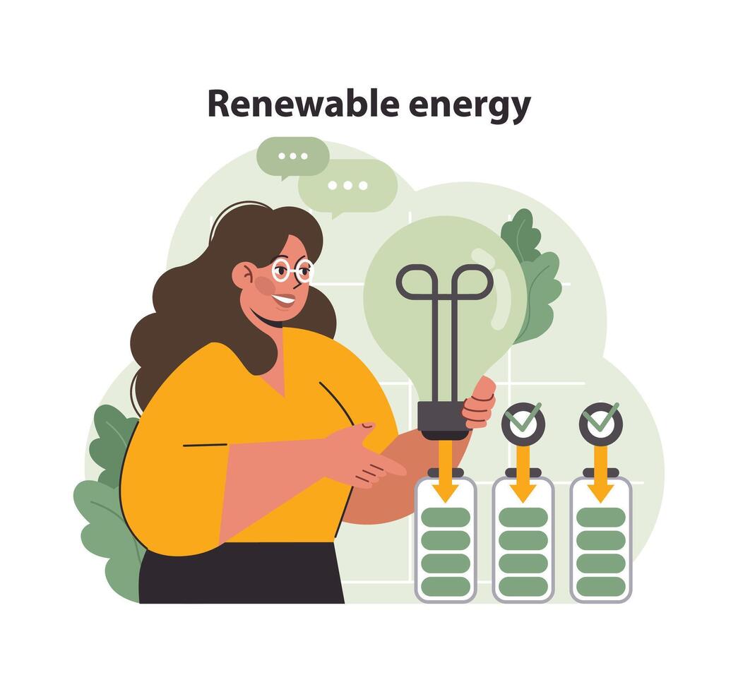 Woman enthusiastically demonstrates renewable energy solutions. Flat vector illustration.