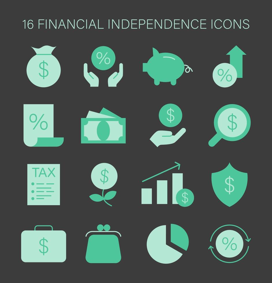 Financial Independence icons set. Essential assets and investments guide. vector