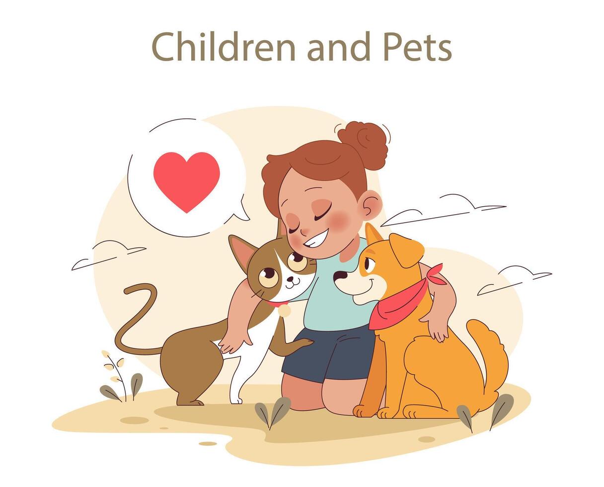 Children and pets. Joyful interactions with domestic animals. Love vector