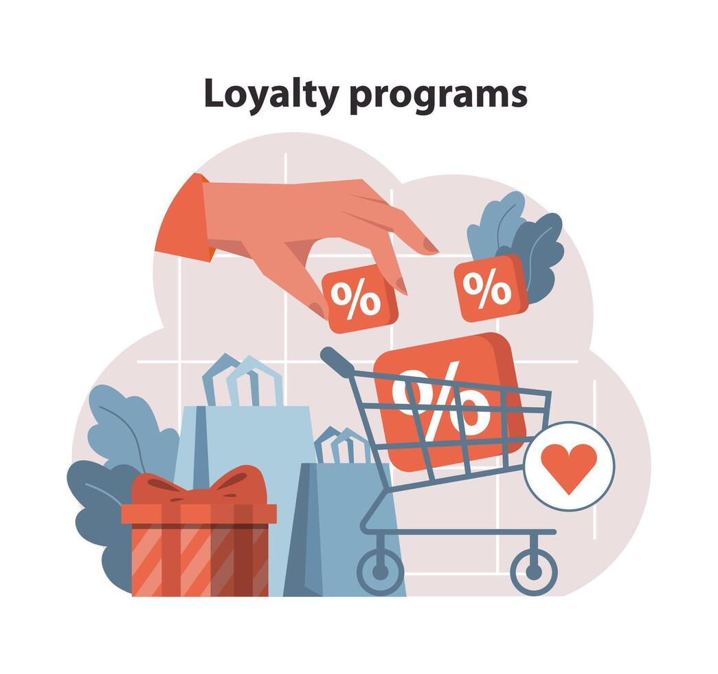 Loyalty programs concept. Hand placing discounts into shopping cart. vector