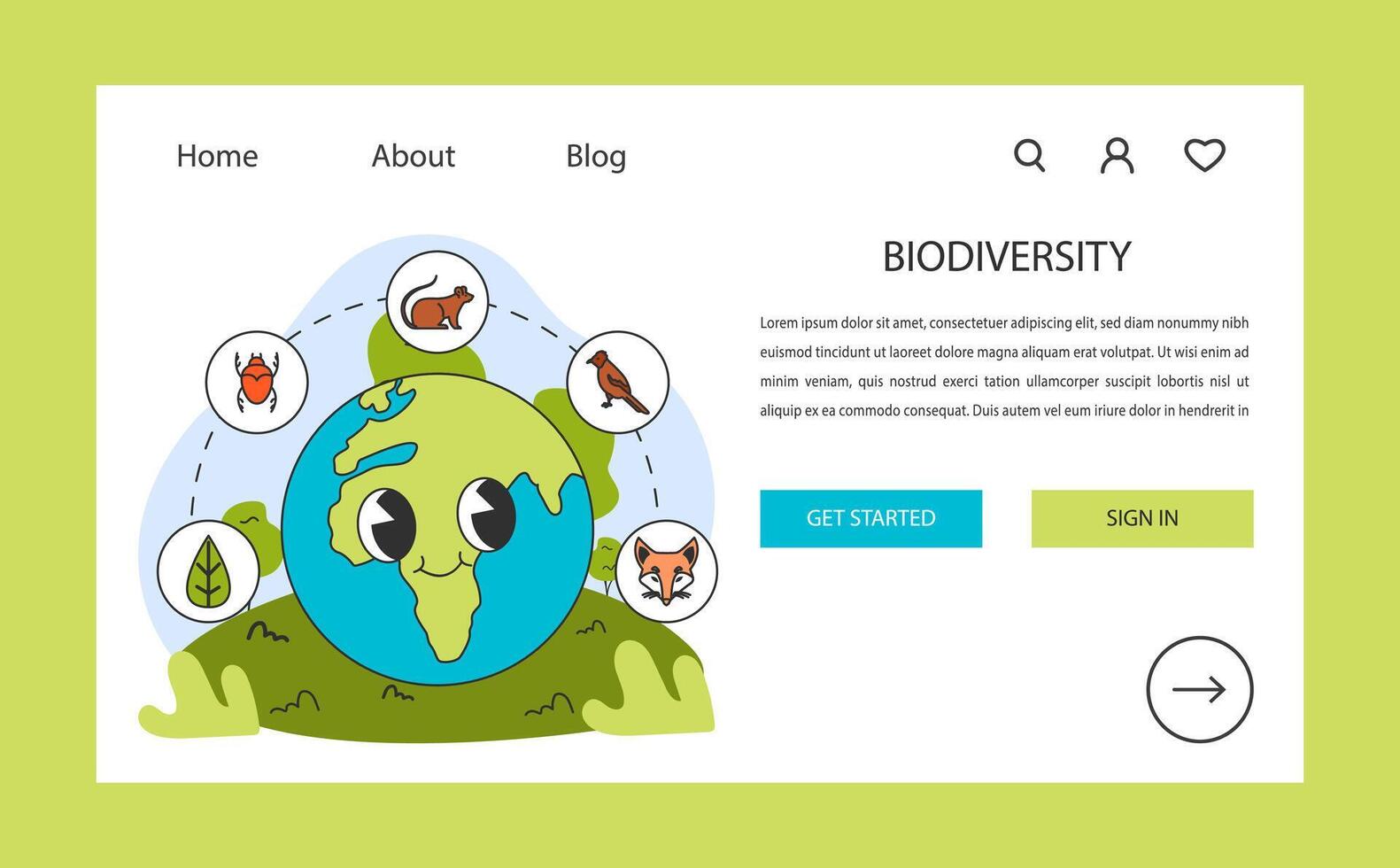 Biodiversity web banner or landing page. Planet Earth retro cartoon vector