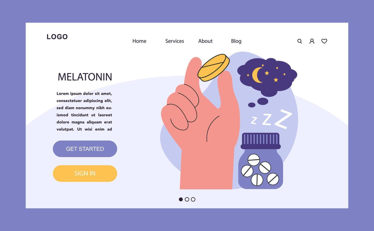 Melatonin pill web or landing. Human hand holding synthetic melatonin vector