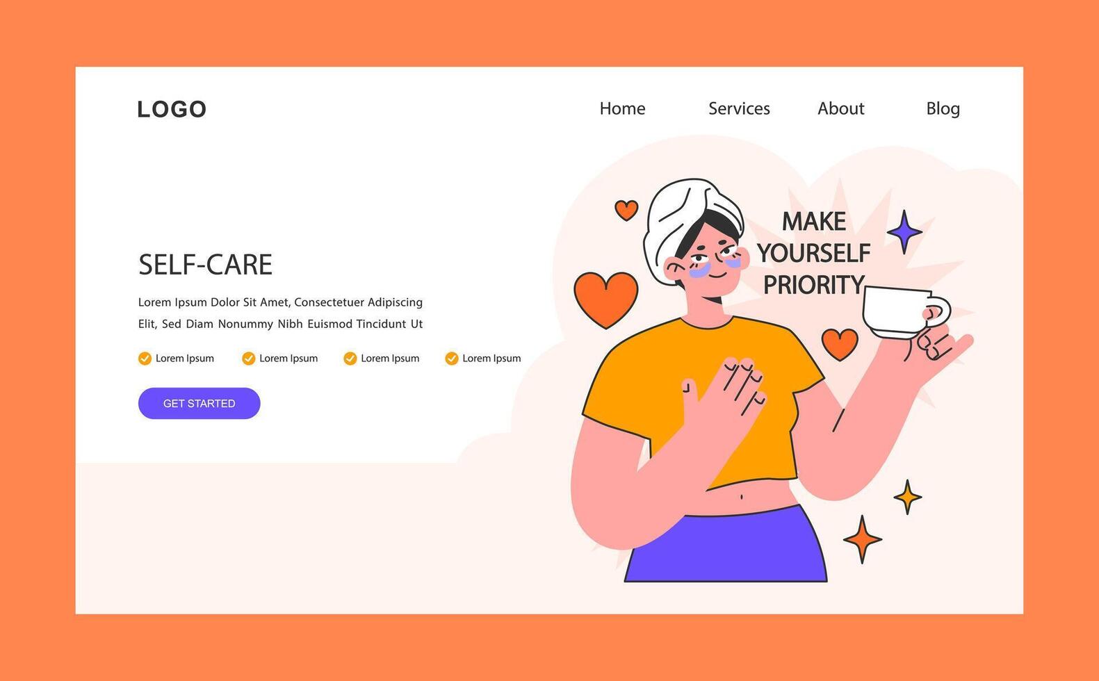 Self-care web banner or landing page. Woman with a cup of tea vector
