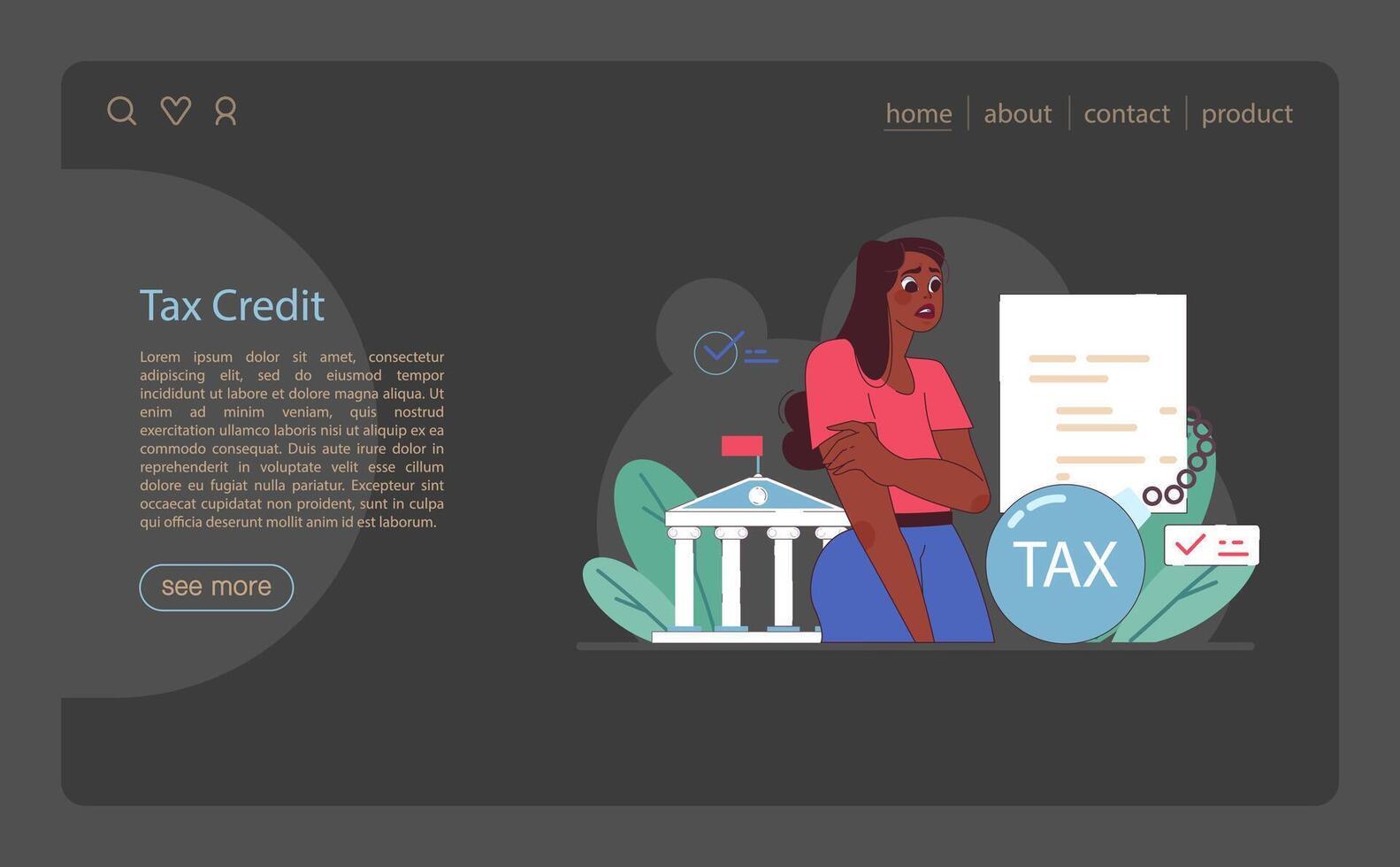 Tax credit web banner or landing page dark or night mode. Financial vector