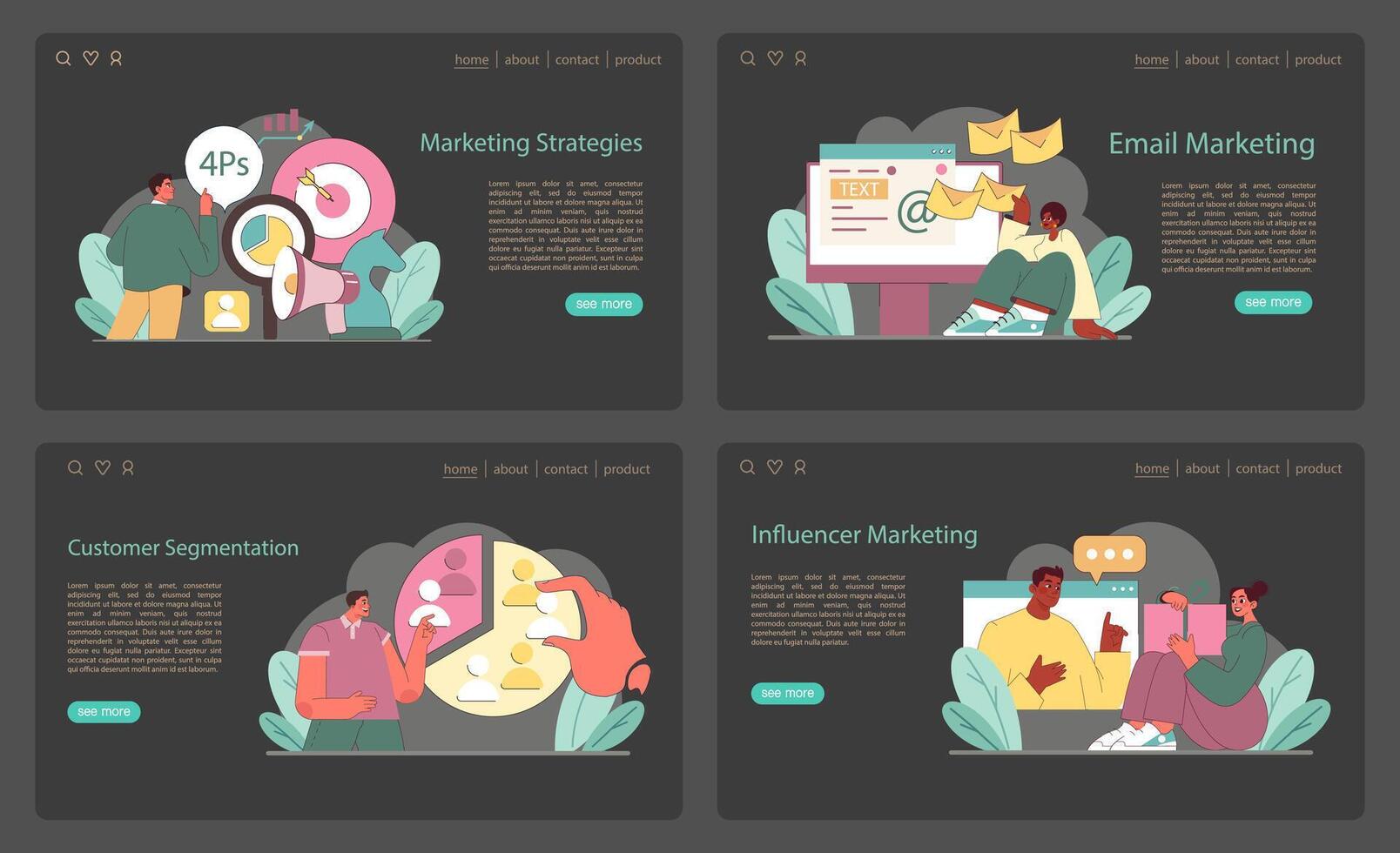 Marketing Strategies set. Illustrations depict key online marketing tactics. vector