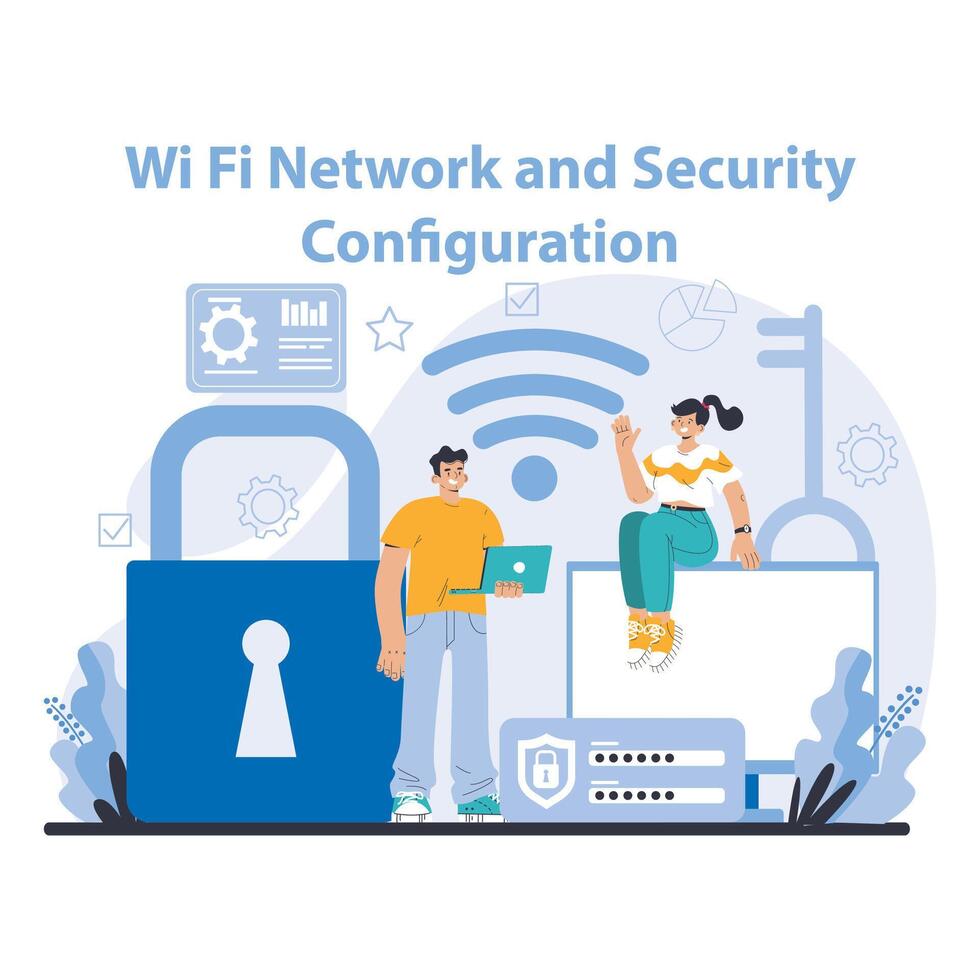 Wi-Fi network. Specialist setting up, developing and maintaining wireless vector