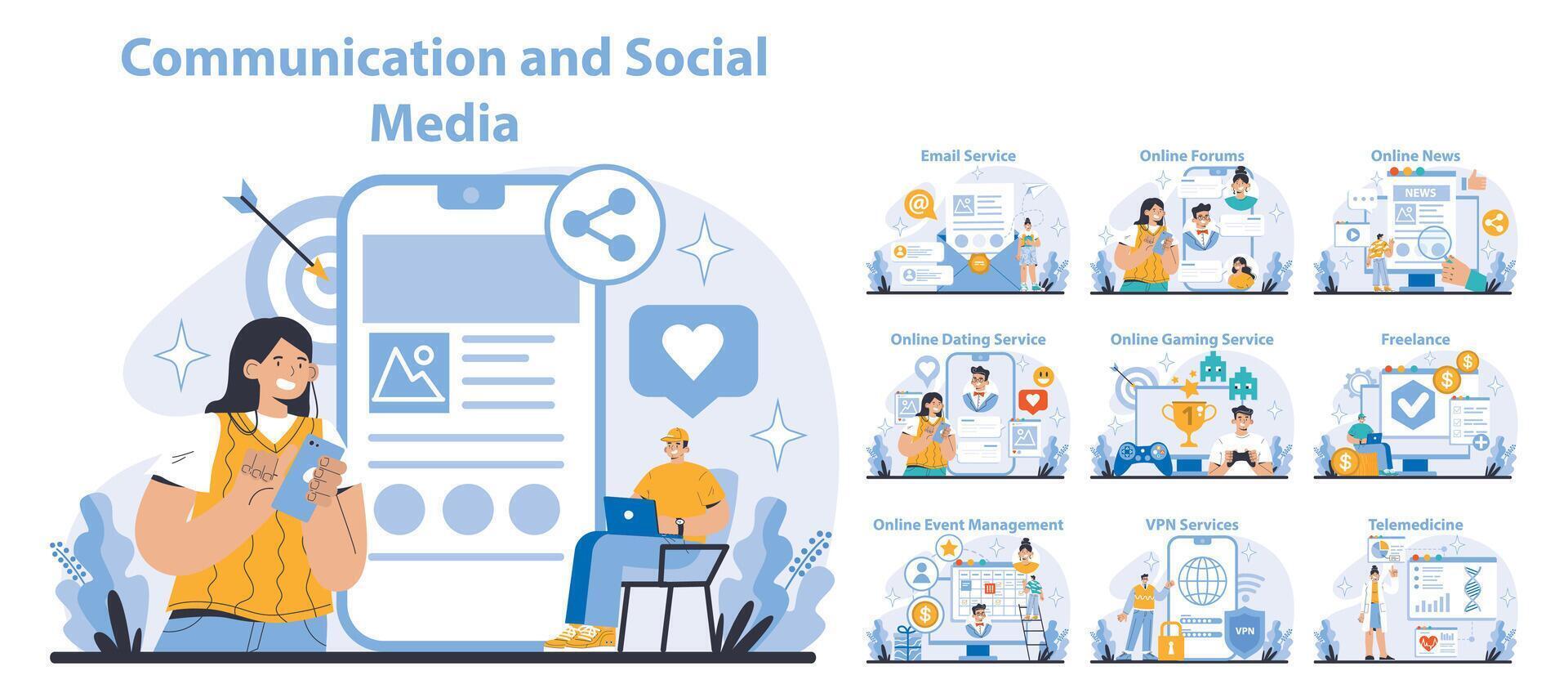 comunicación y social medios de comunicación concepto. plano vector ilustración