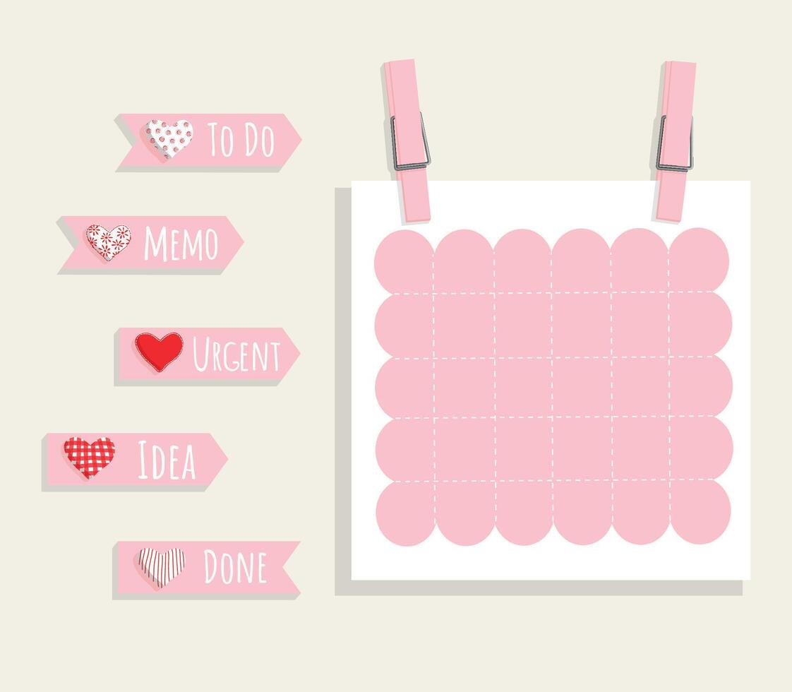 Set of romantic pink planner, notes, to do list. Vector stationary template