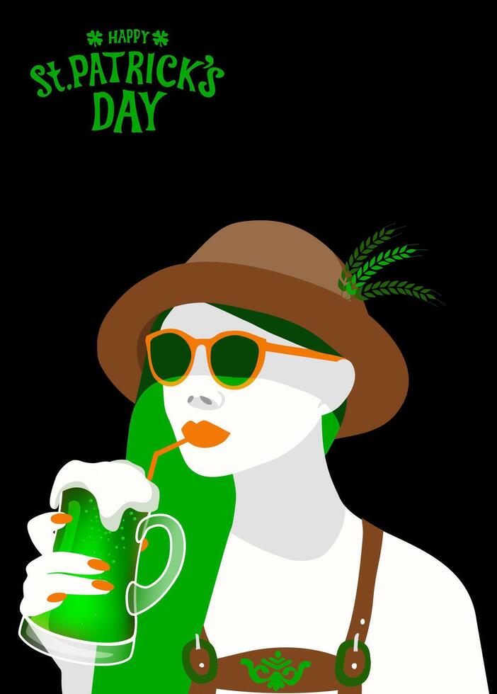 Vector illustration of st. Patrick holiday banner with a hip woman wearing a hat and lederhosen and holding a green beer mug