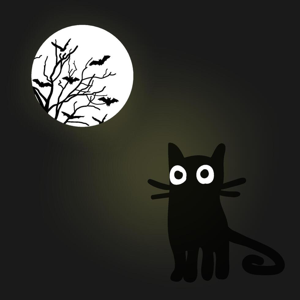 Víspera de Todos los Santos mano dibujado noche vector antecedentes con gracioso negro gato y brillante escalofriante Luna