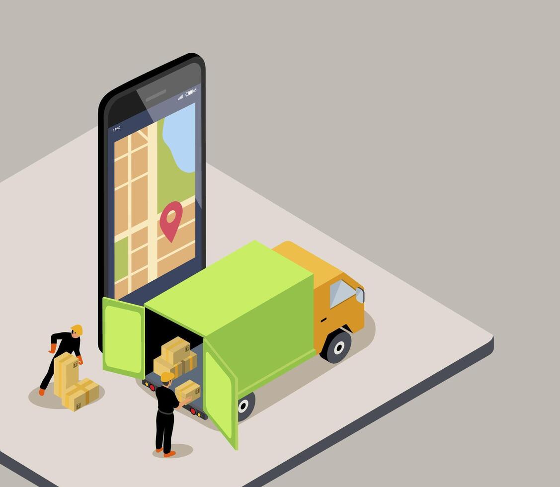 Vector isometric  illustration   of delivery service and tracking app, Smartphone with a delivery truck, map of the route on the screen