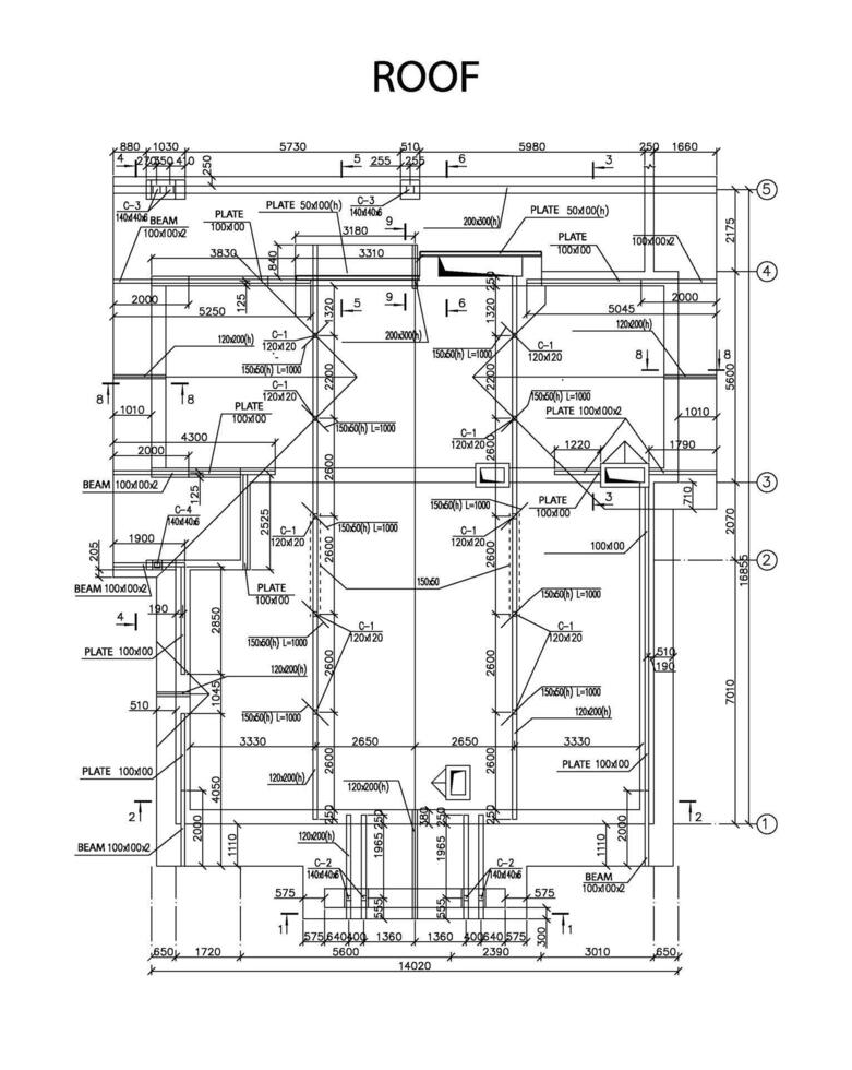 Detailed architectural plan of roof beams and plates, vector