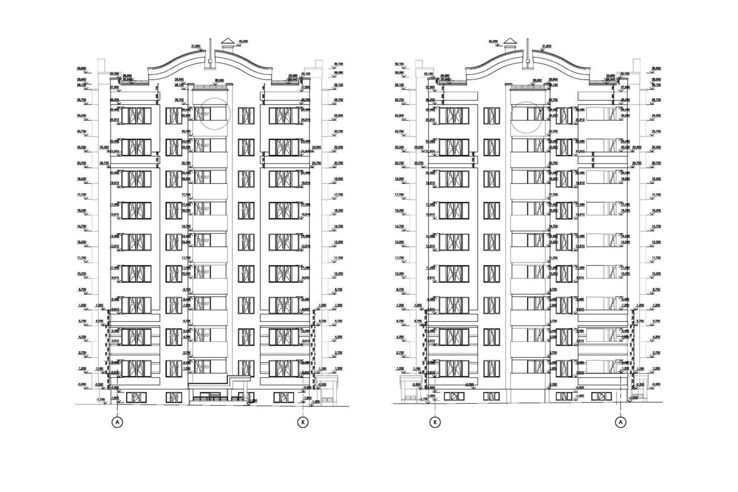 de varios pisos edificio fachadas, detallado arquitectónico técnico dibujo, vector Plano