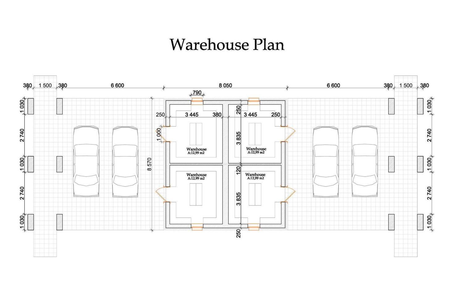 Detailed architectural vector master plan of private warehouses and parking space