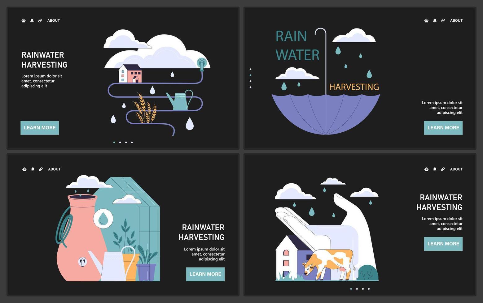 Rainwater harvesting set. Sustainable practice of urban water preservation vector