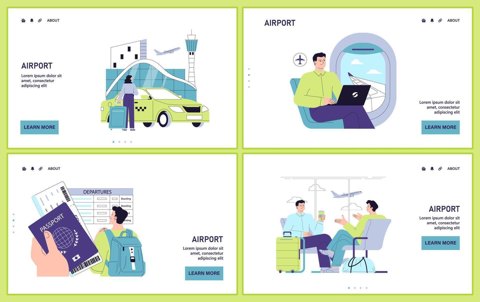 People in the airport set. Characters with a suitcase checking-in on a flight vector