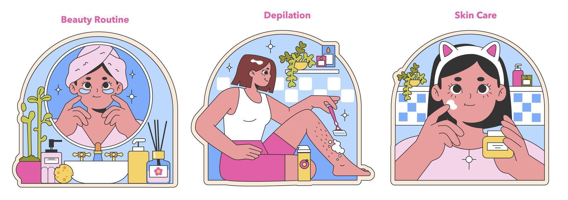 Beauty routine exploration. Flat vector illustration.