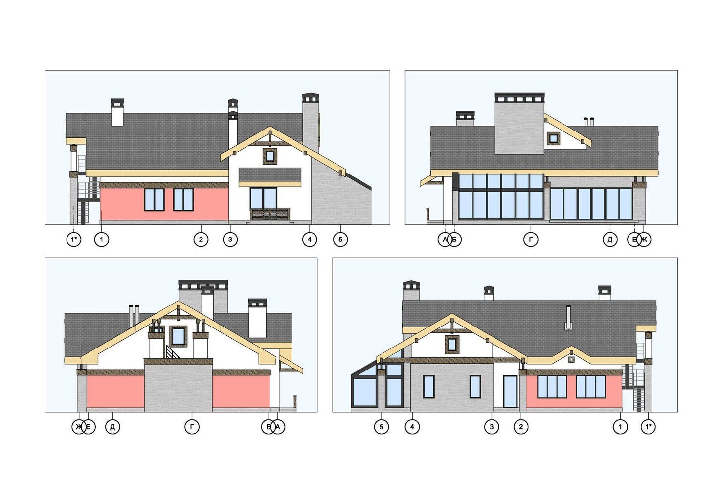 Set of detailed private house facade elements, architectural technical drawing, vector