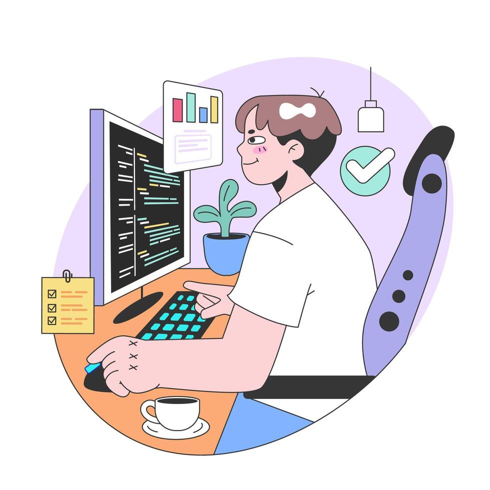 Focused developer concept. Flat vector illustration