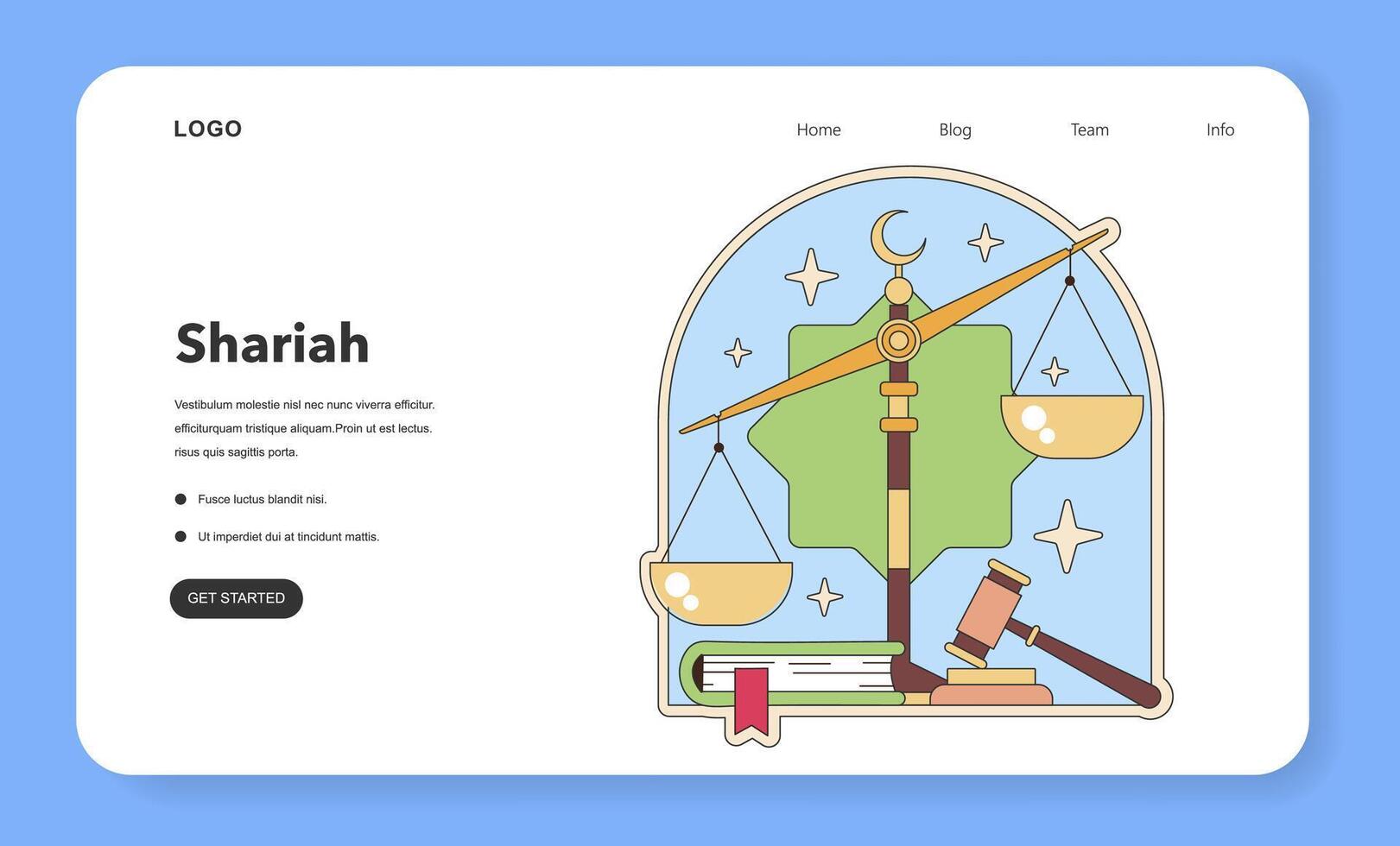 Shariah law concept with scales of justice under a crescent moon. Flat vector illustration