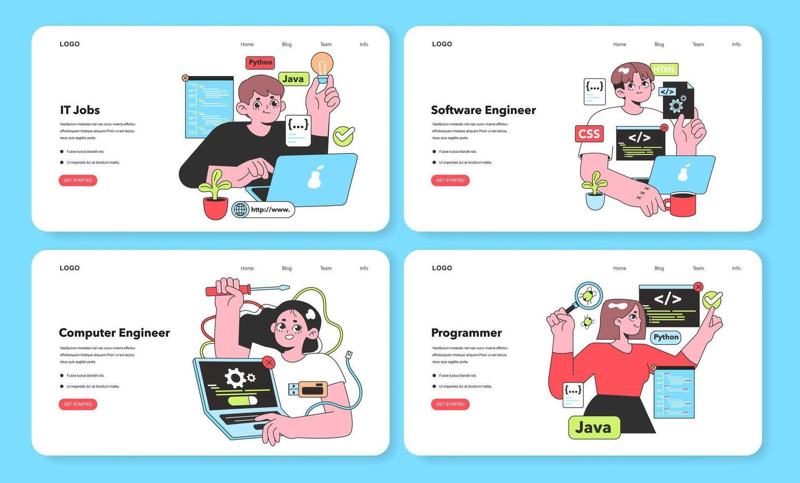 A creative and informative layout featuring vector illustrations of IT professionals. a resourceful IT Job Seeker, an innovative Software Engineer, a focused Computer Engineer, and a detail-oriented