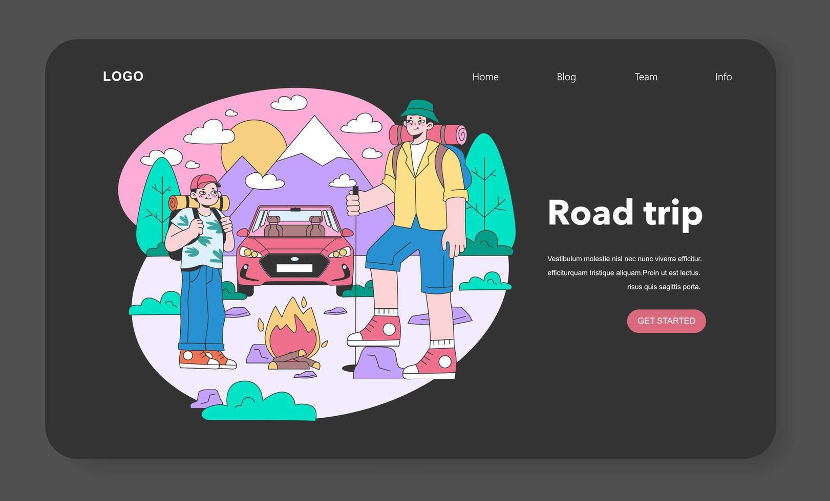 Road trip web banner or landing page night or dark mode. People vector