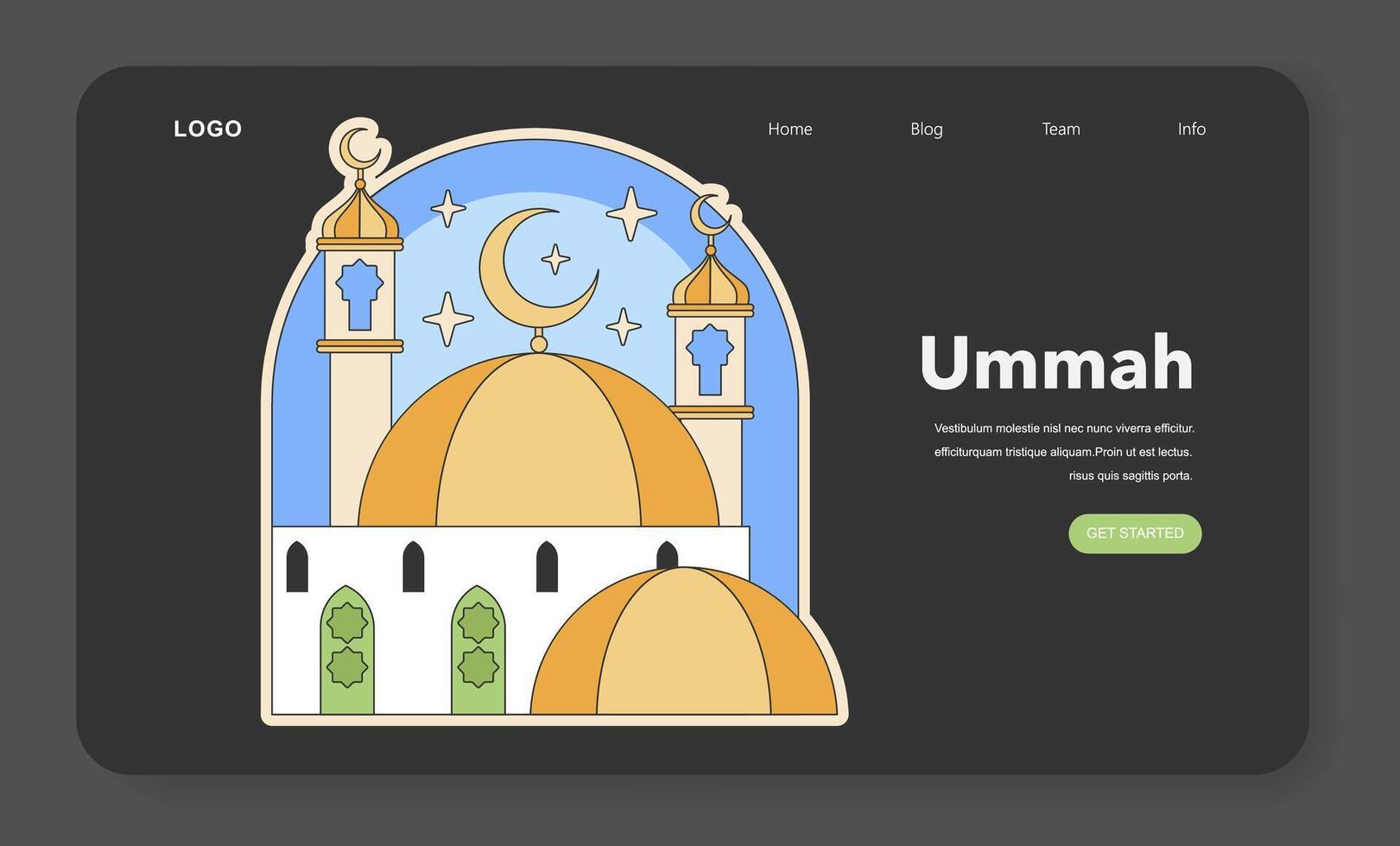 ummah unidad concepto con mezquita arquitectura debajo un estrellado cielo y creciente Luna. plano vector ilustración