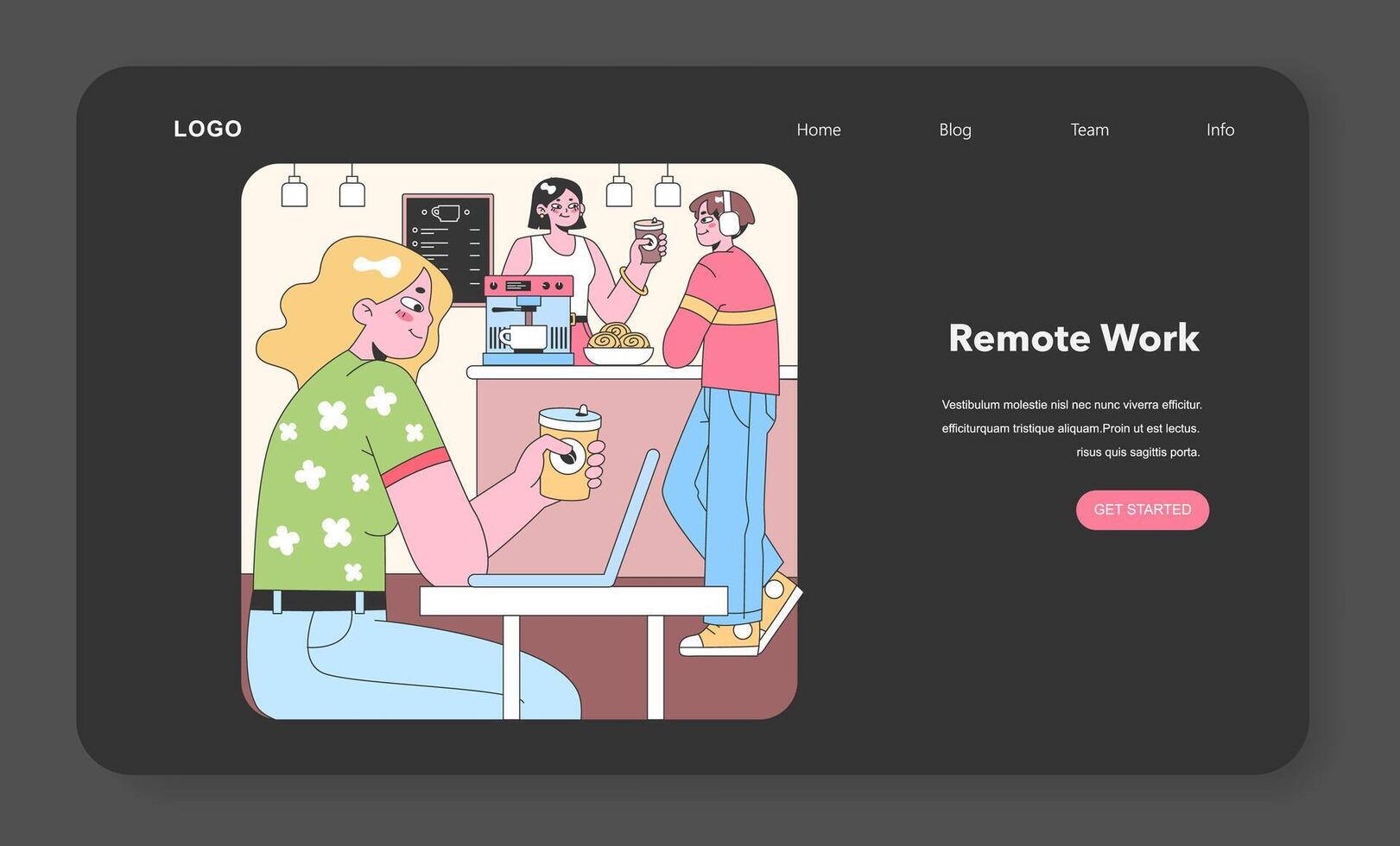 Cafe workspace vibe. Flat vector illustration.