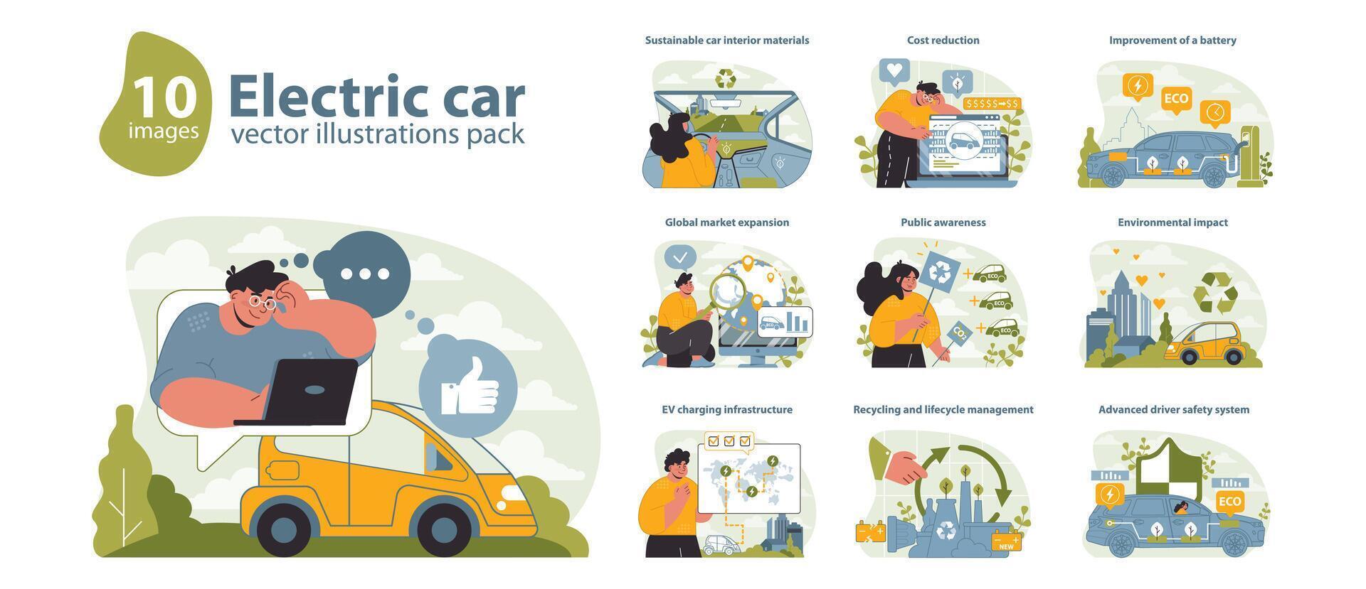 Electric Car Vector Illustrations Pack. A comprehensive set of visuals exploring electric vehicle technology.