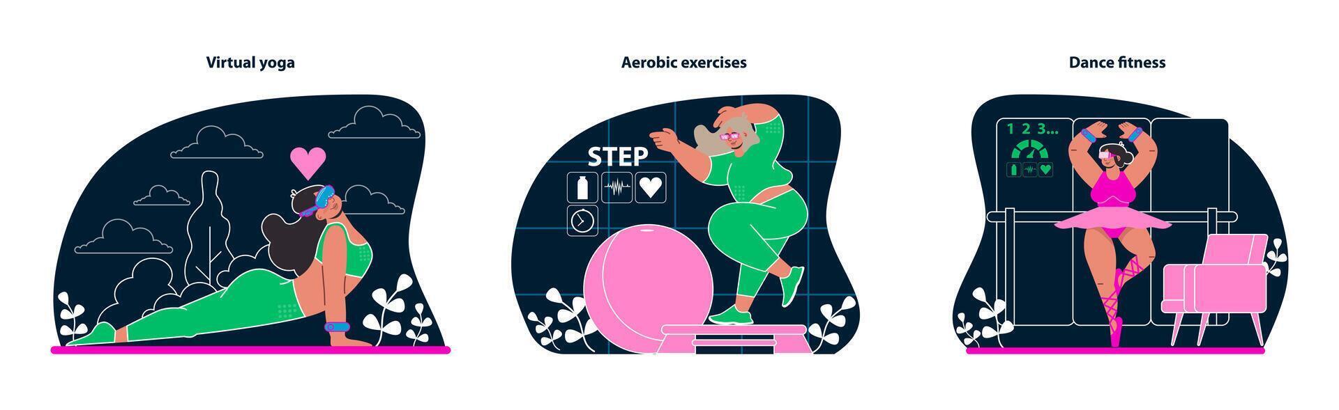 VR Workout collection. Virtual yoga, aerobic steps, and dance routines come to life. vector