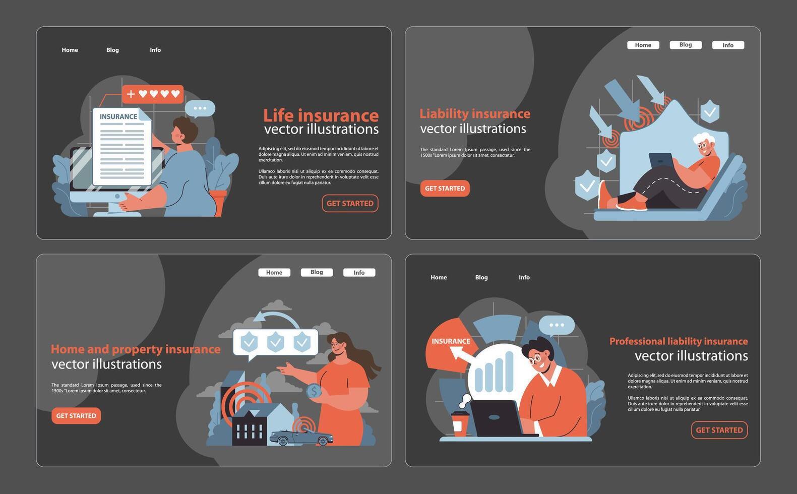 Comprehensive insurance set. Interactive web panels for life, liability. vector