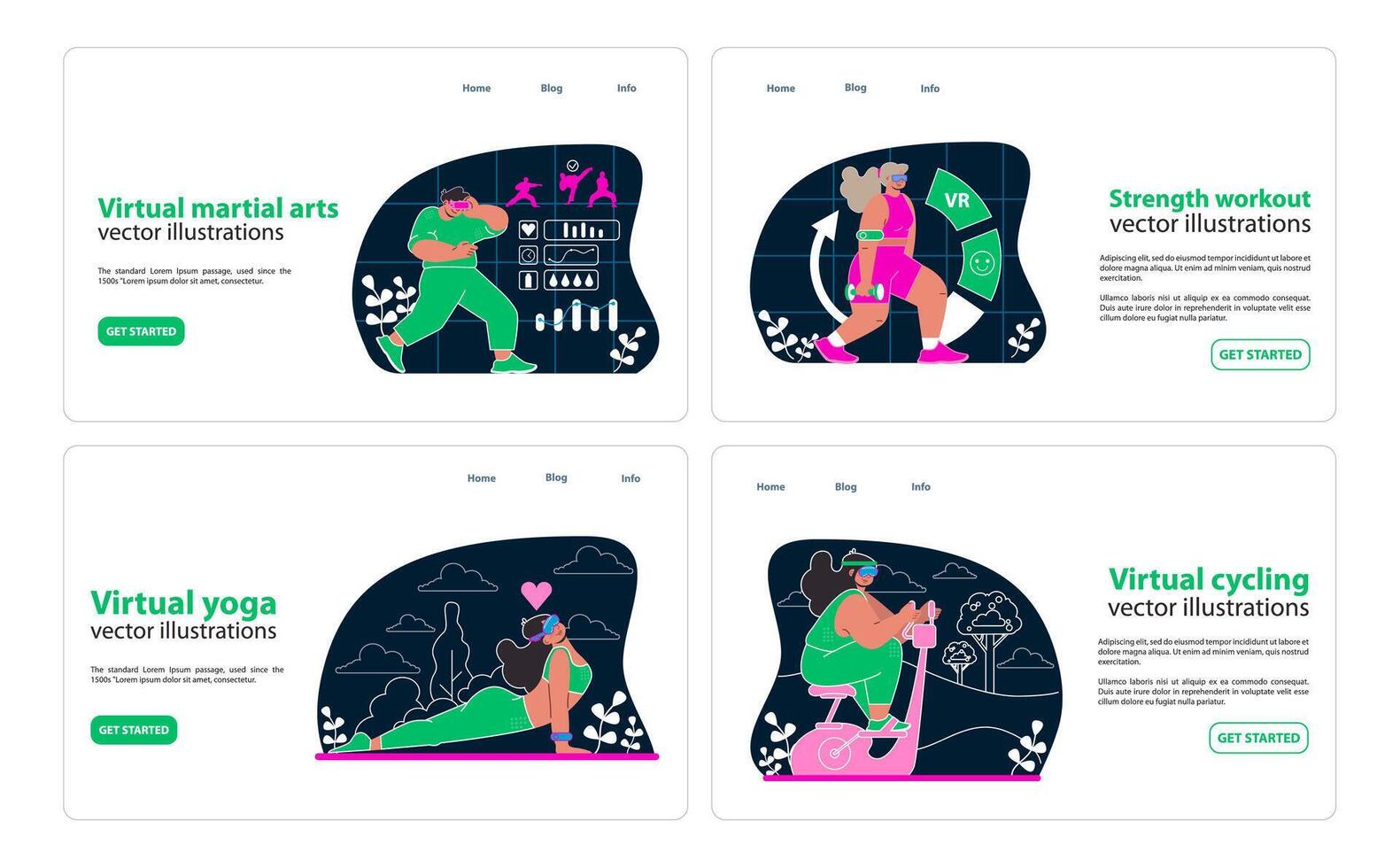 VR Workout visuals. Master martial arts, build strength, practice yoga, and cycle virtually. vector