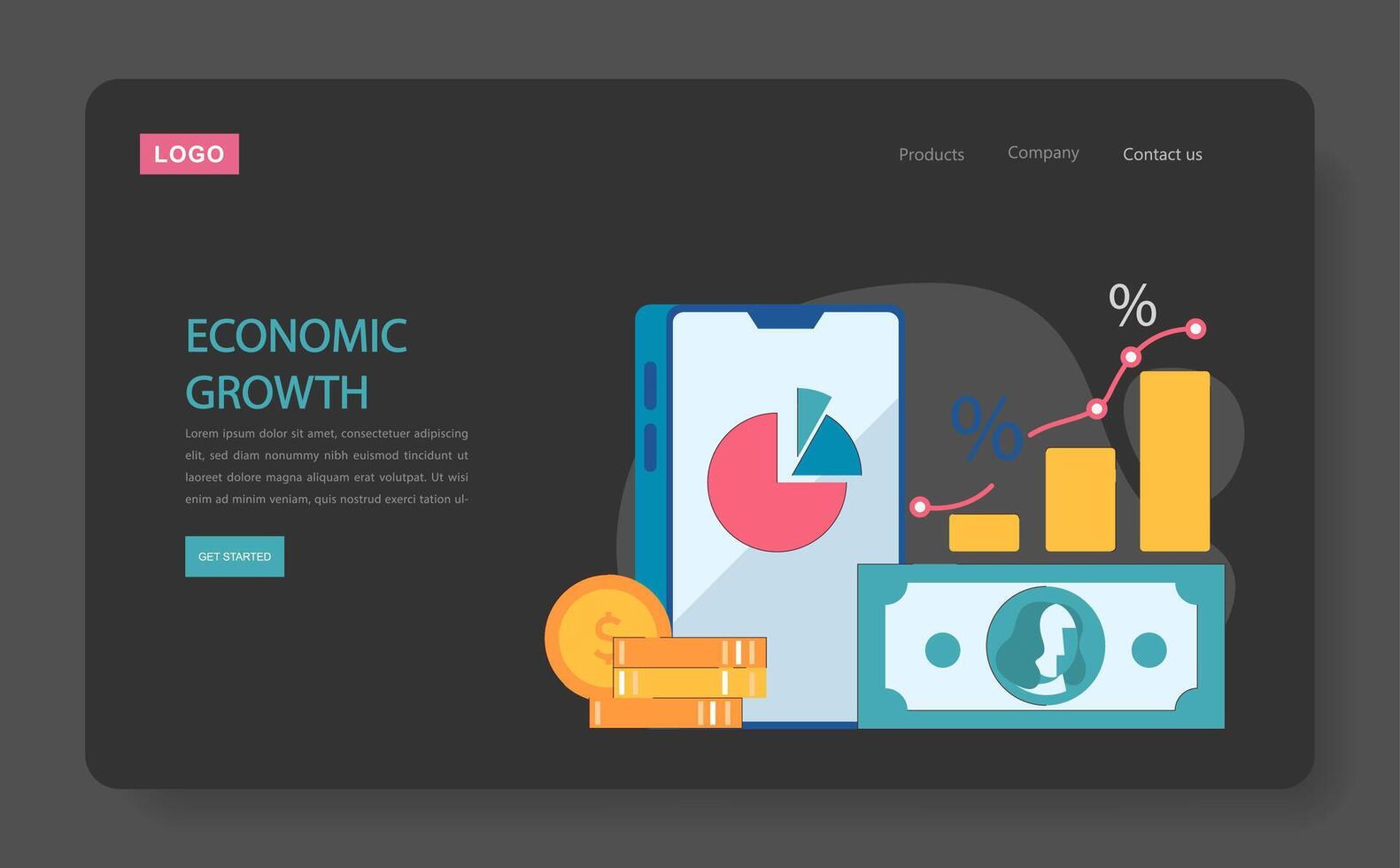 Economic growth dark or night mode web, landing. Financial progress vector