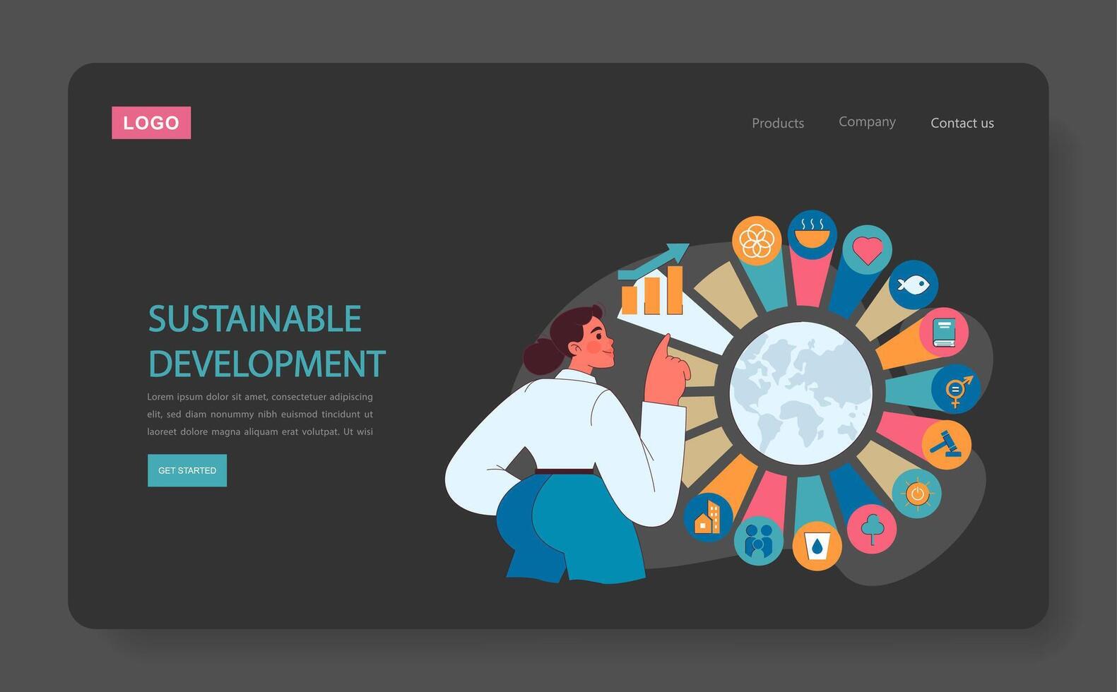 Sustainable development dark or night mode web, landing. Unified vector