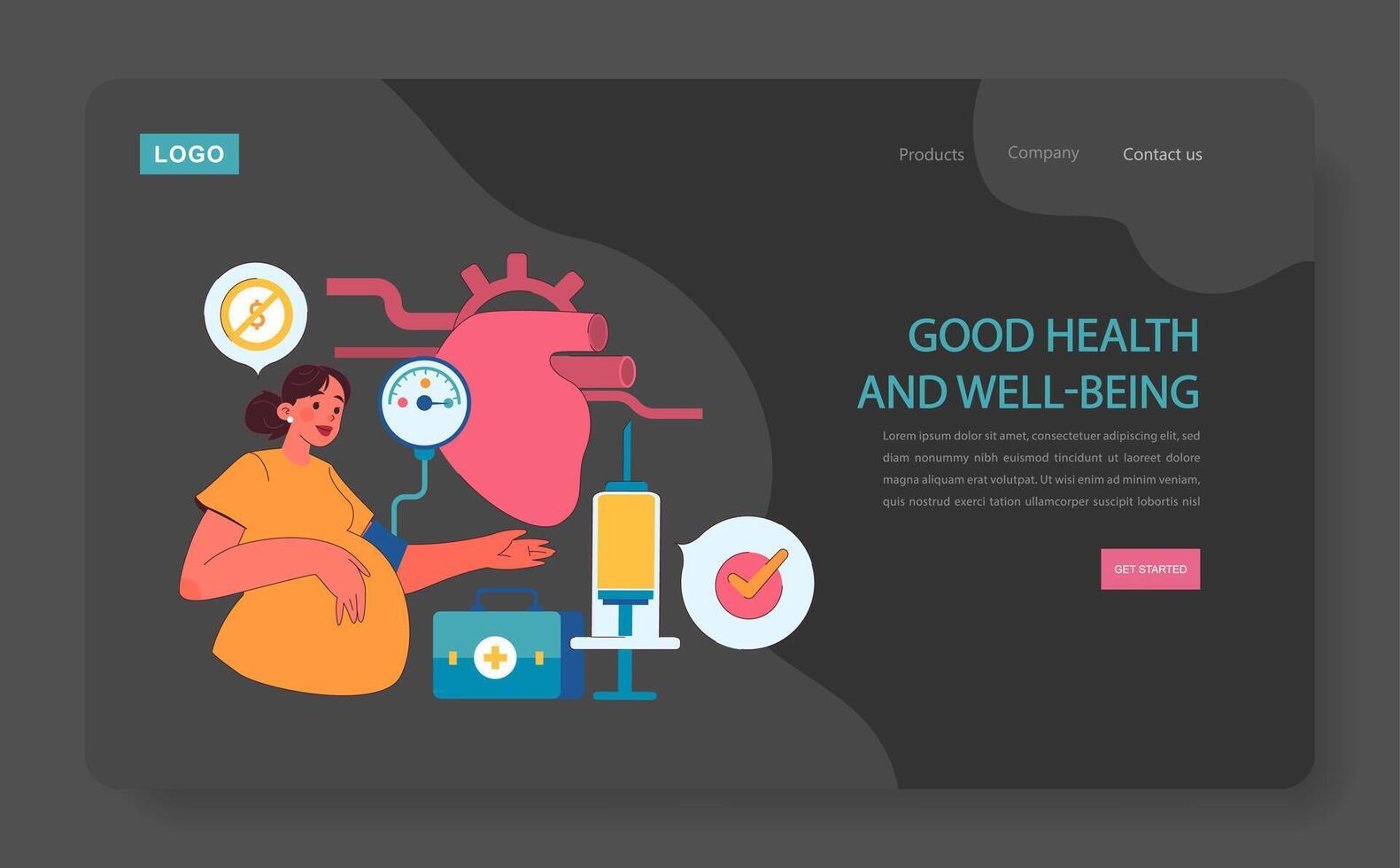 Good health and wellbeing dark or night mode web, landing. Access to healthcare vector