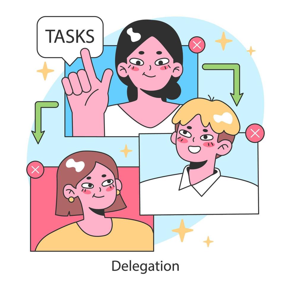 Empowerment. Team leader effectively delegates tasks to members, team vector