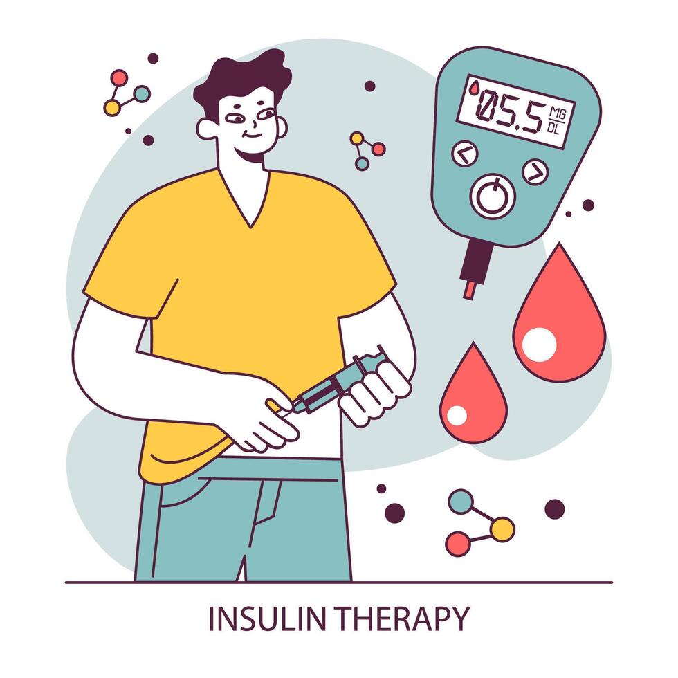 Diabetes. Measuring sugar blood with glucometer. Glucose monitoring, vector