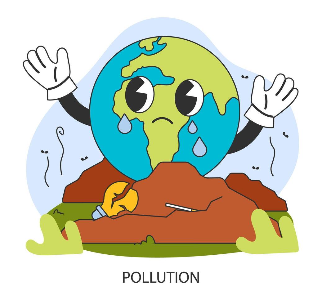 Pollution. Contamination with waste. Sad crying Earth drowning in the waste vector