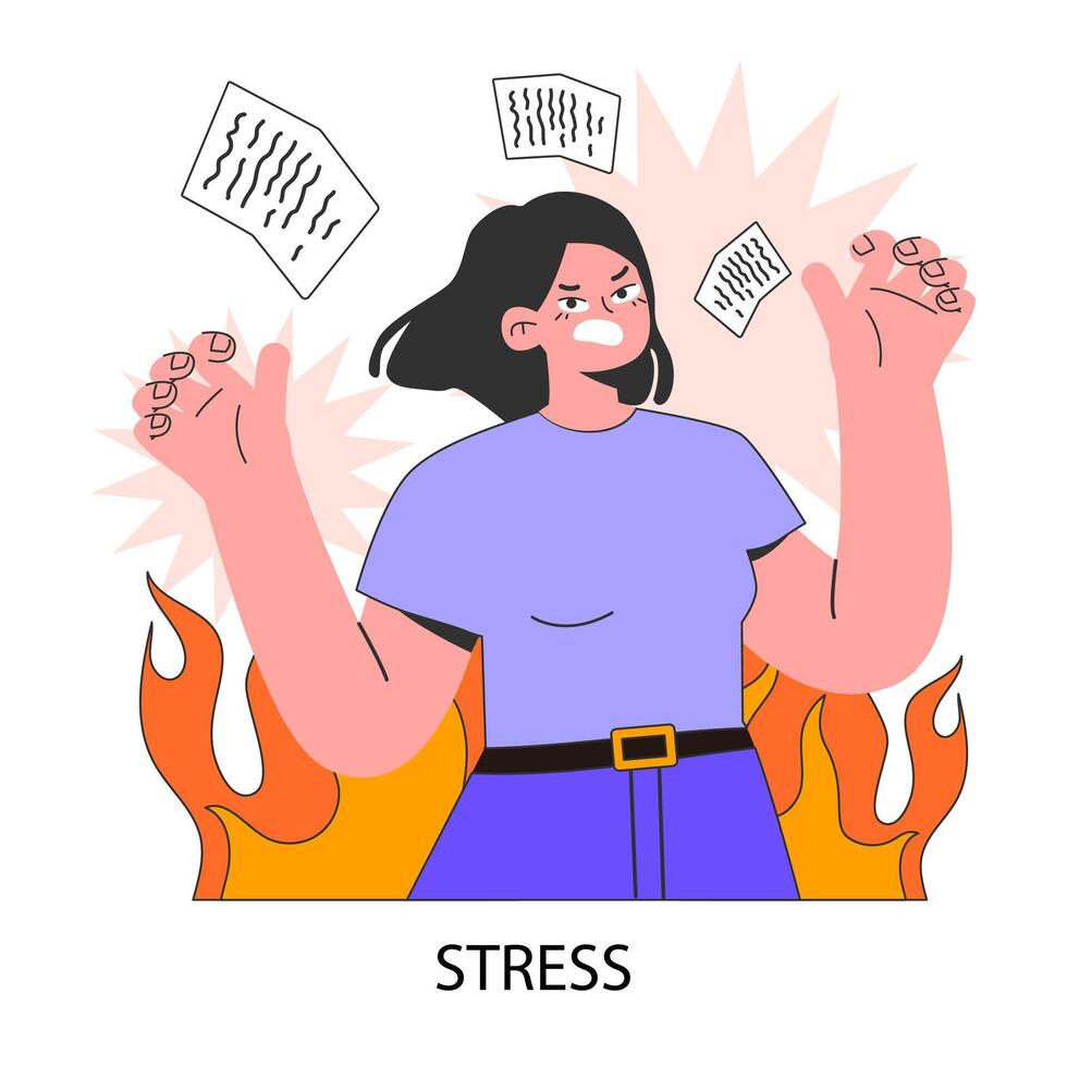 Professional burnout. Stress. Young employee on fire at workplace. vector