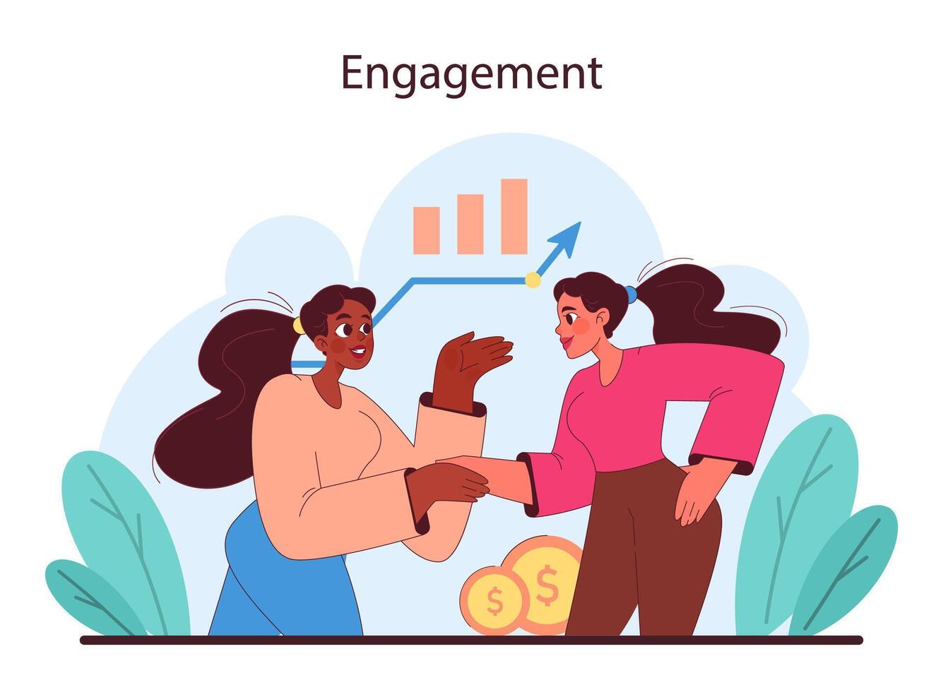 Engagement concept. Vibrant interaction between stakeholders with growth chart vector