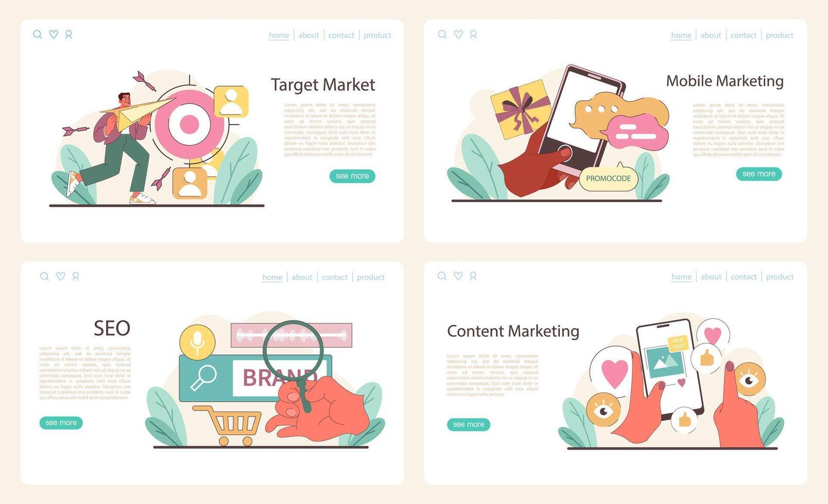 Marketing Strategies set. A visual narrative on targeting markets, mobile reach, vector