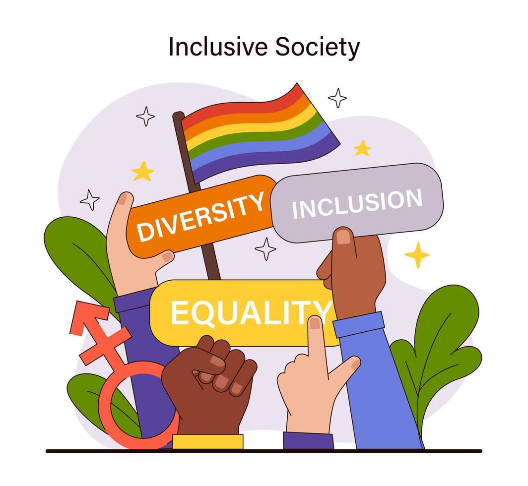 Inclusive Society concept. Diverse hands pointing towards equality, vector