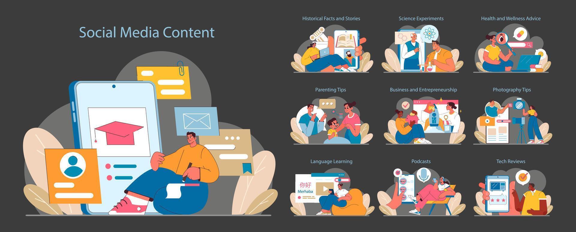 Social Media Content set. Educational and entertainment material creation. vector